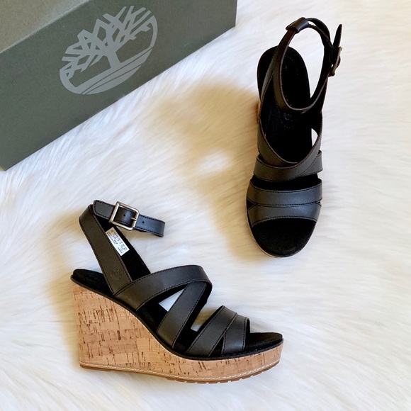 Timberland Danforth Black Leather Wedge Sandals - Picture 3 of 8
